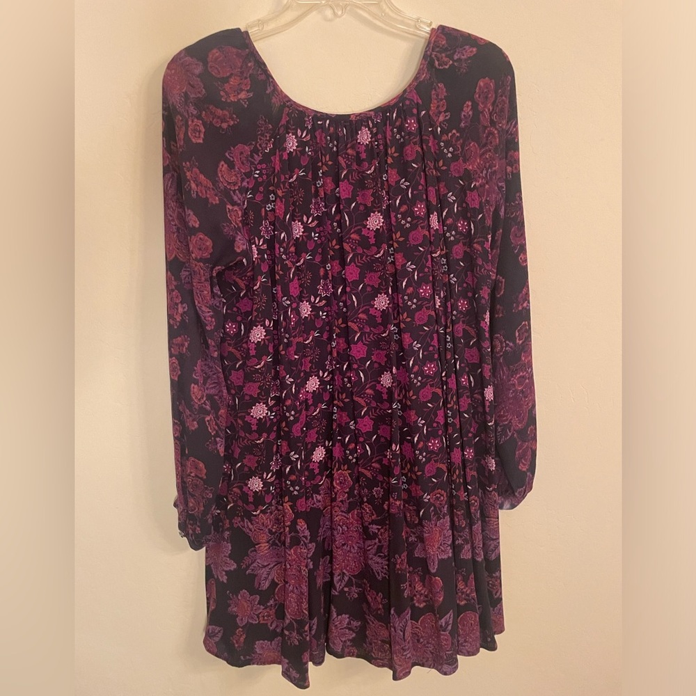 Free People Floral Print Mini Dress Tunic Black Maroon Long Sleeve Dress - Picture 2 of 9